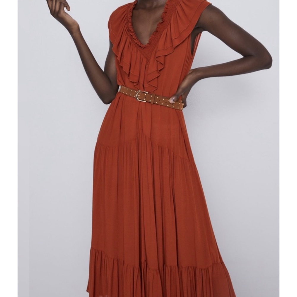 ZARA RUFFLE MIDI DRESS W BELT m - Picture 7 of 9